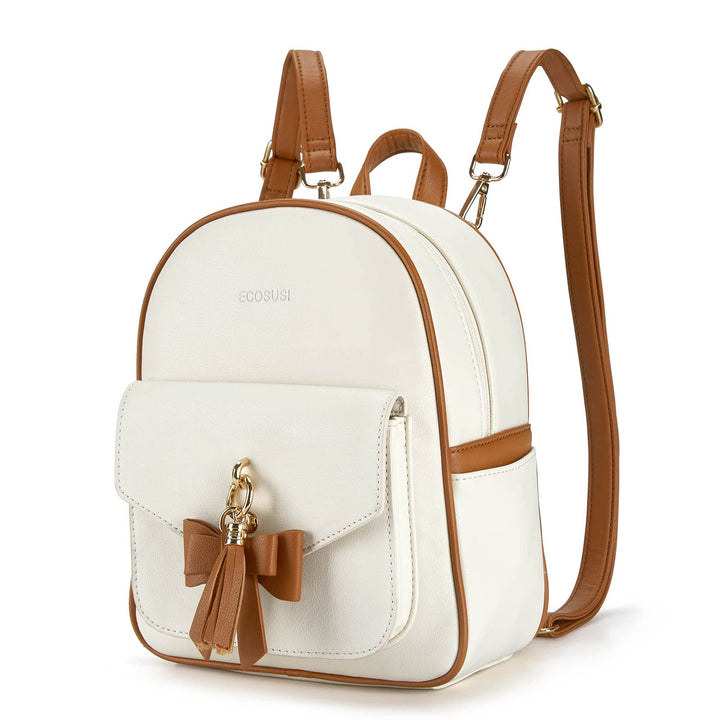 Mini Backpack for Women Girls Cute Bowknot Small Backpack Purse Ladies Leather Bookbag Satchel Bag, with Charm Tassel White&Brown
