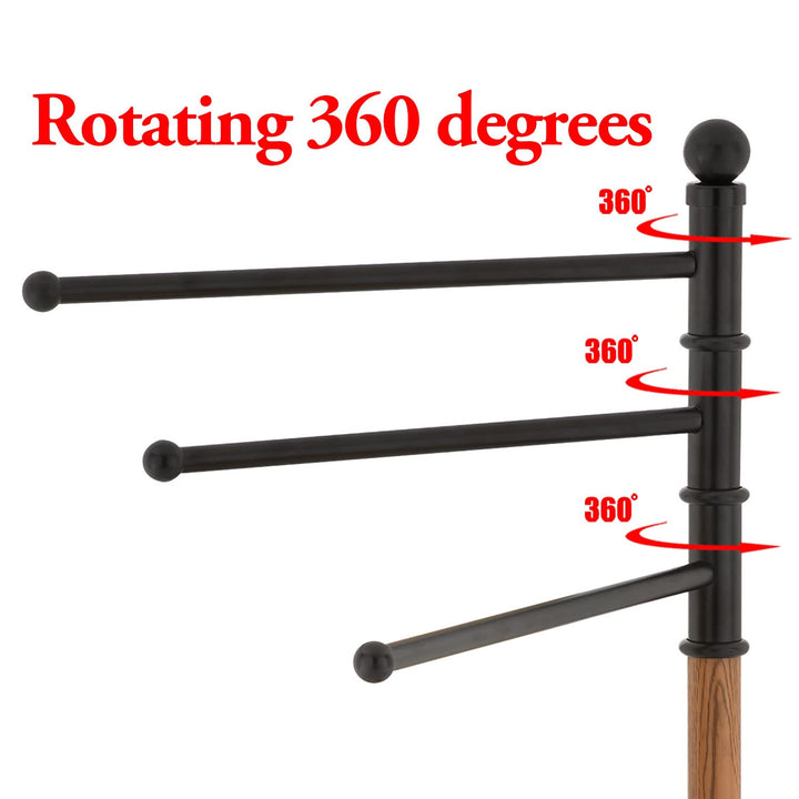 40 Inch Black Steel Freestanding Bathroom Towel Rack with 3 Swivel Arms and Oak Wood-Tone Finish, Indoor and Outdoor Pool Spa Towel Holder