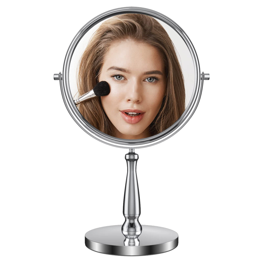 8 Large Makeup Vanity Mirror, Double Sided 1X 10X Magnification Mirror, 360 Swivel Round Mirror with Stand and Removable Base, High Definition, Chrome Finish(Silver)