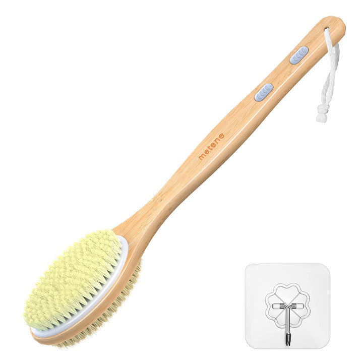 Bamboo Body Brush with Stiff and Soft Natural Bristles, Back Scrubber for Shower with Long Handle, Dual-Sided Brush Head for Wet or Dry Brushing, Exfoliating Skin and Clean The Body Easily