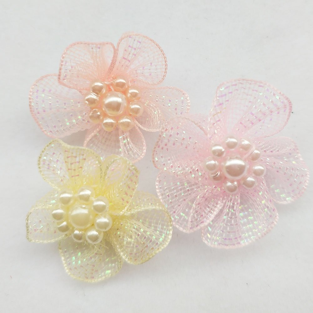Mix Lots 40pcs 28mm Organza Ribbon Flowers Bows w/Beads Appliques Wedding Craft (Organza Flower(A0020))