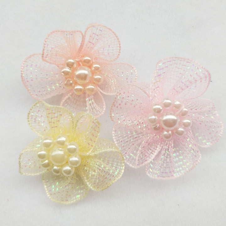 Mix Lots 40pcs 28mm Organza Ribbon Flowers Bows w/Beads Appliques Wedding Craft (Organza Flower(A0020))