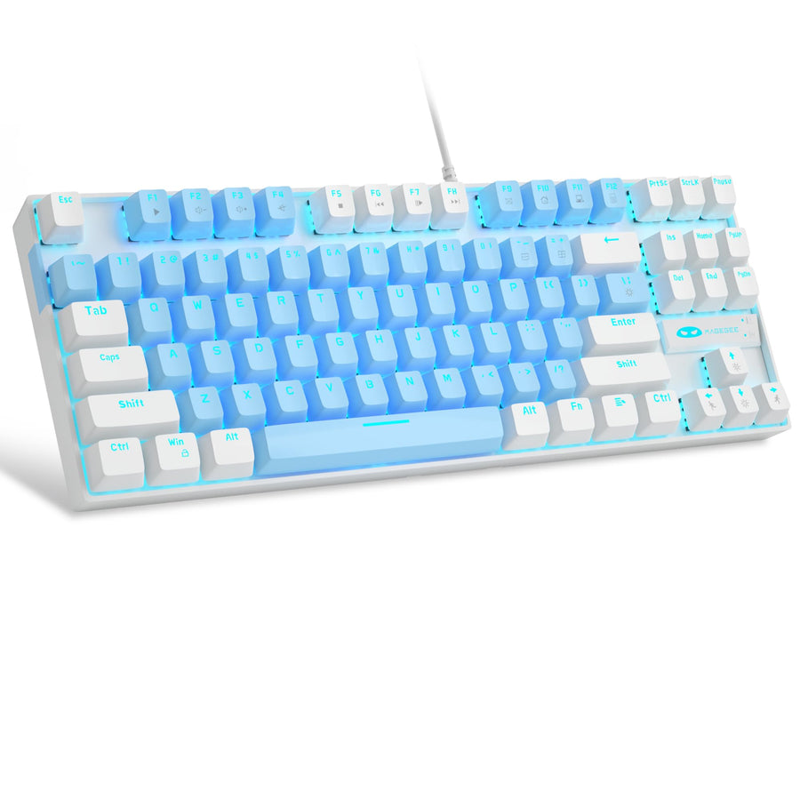 75% Mechanical Gaming Keyboard with Blue Switch, LED Blue Backlit Keyboard, 87 Keys Compact TKL Wired Computer Keyboard for Windows Laptop PC Gamer - Blue/White