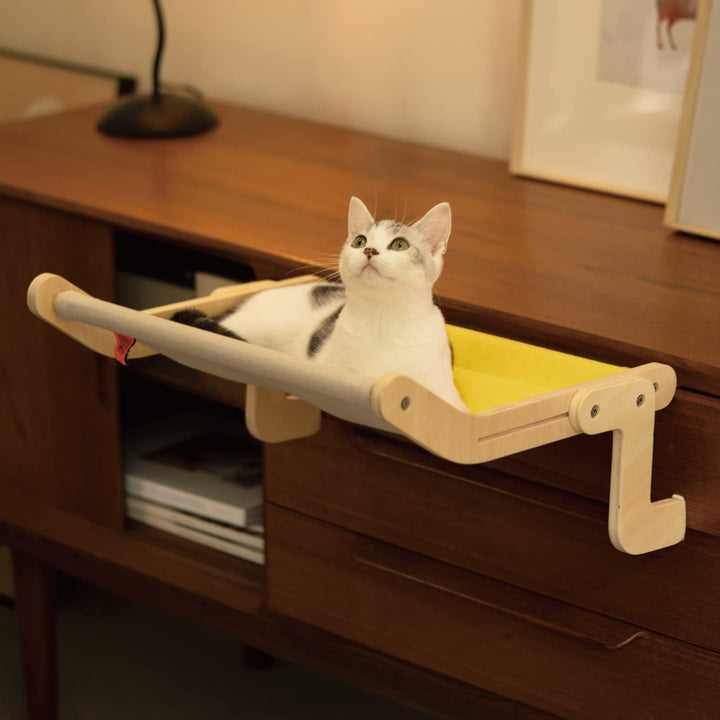 Cat Window Perch Lounge Mount Hammock Window Seat Bed Shelves for Indoor Cats No Drilling No Suction Cup (Yellow/Grey)