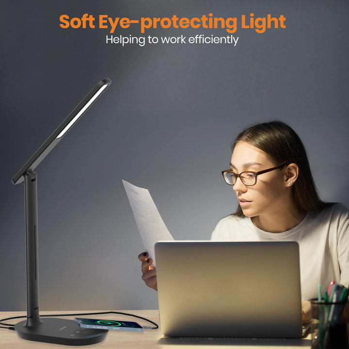 Desk Lamp, Dimmable Eye-Protecting Table Lamps with Night Light, USB Charging Port, 4 Color Temperature Modes, 5 Brightness Levels, 1H Timer, Touch Control for Home Office Bedroom