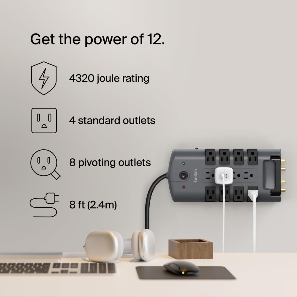 Surge Protector Power Strip w/ 8 Rotating & 4 Standard Outlets - 8ft Sturdy Extension Cord w/ Flat Pivot Plug for Home, Office, Travel, Desktop & Charging Brick - 4320 Joules of Protection