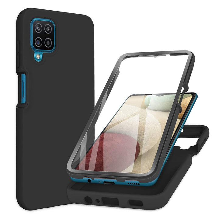 for Samsung Galaxy A12 Case with Built-in Screen Protector,Rugged PC Front Cover + Soft TPU Non-Slip Back Cover, Shockproof Full-Body Protective Case Cover (Black)