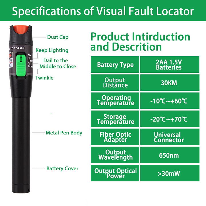 Fiber Visual Fault Locator 30mW 30KM, VFL Fiber Optic Cable Tester Meter, Red Light Pen Tester Adapt LC/FC/SC/ST Interface, Fiber Network Cable Test Kit Fiber Light Source Testers(Aluminum)