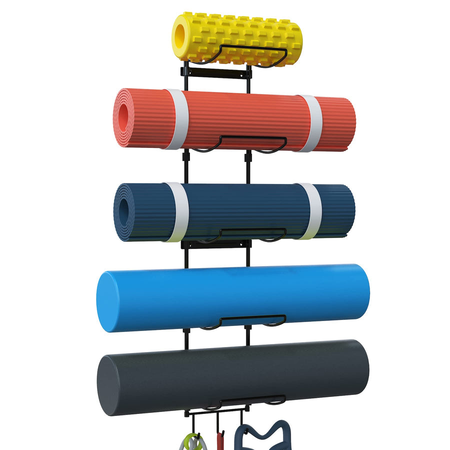 Yoga Mat Rack Wall Mount, Yoga Mat Holder Wall Mount, Yoga Mat Storage for Foam Roller and Yoga Brick, with 3 Hooks for Hanging Yoga Strap and Resistance Bands, Home Gym Decor, Gym Organization(Black)
