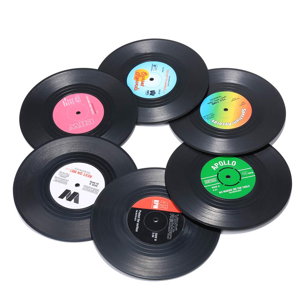 Record Coasters for Drinks, Funny, Absorbent, Novelty 6 Pieces Vinyl Disk Coasters, Effective Protection of The Desktop to Prevent Damage- 4.1 Inch Size