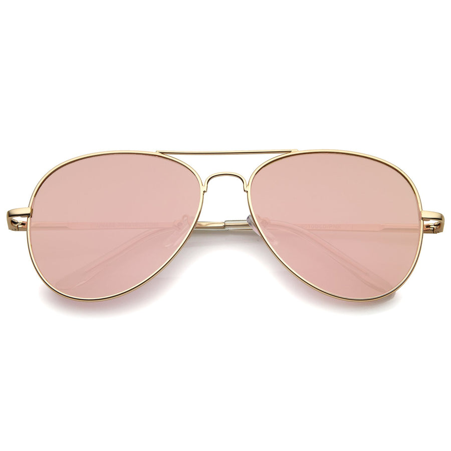 Small Matte Metal Rose Gold Pink Mirror Flat Lens Aviator Sunglasses 56mm (Matte Gold/Pink Mirror)