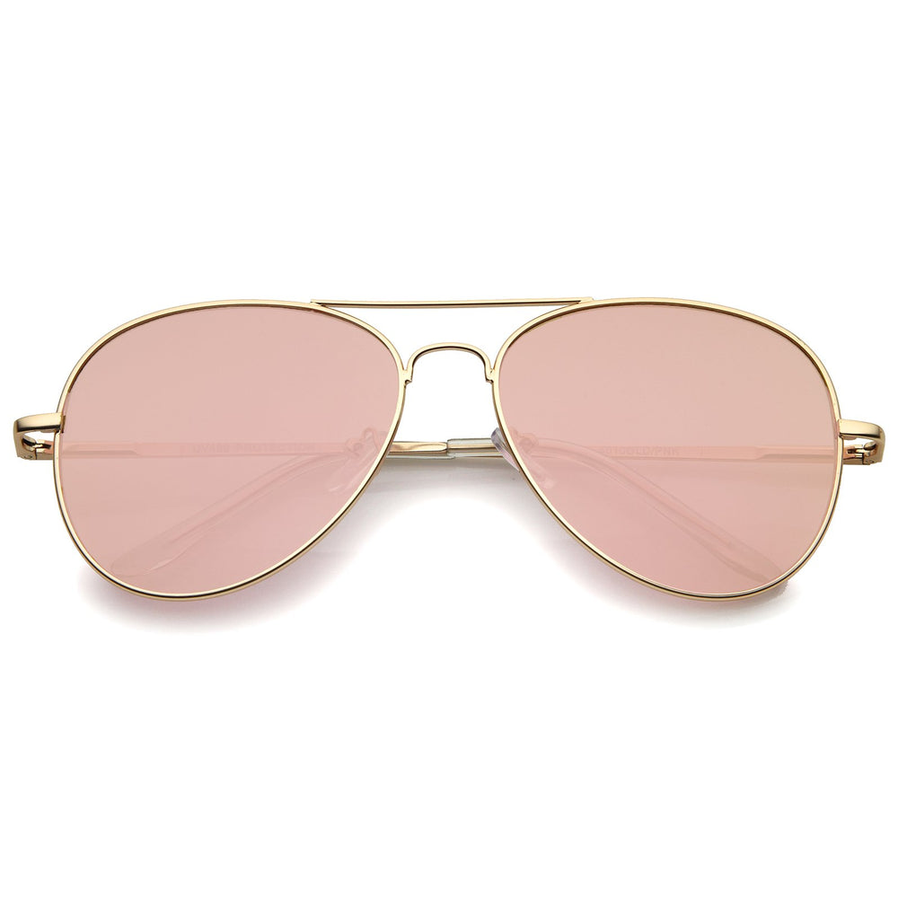 Small Matte Metal Rose Gold Pink Mirror Flat Lens Aviator Sunglasses 56mm (Matte Gold/Pink Mirror)