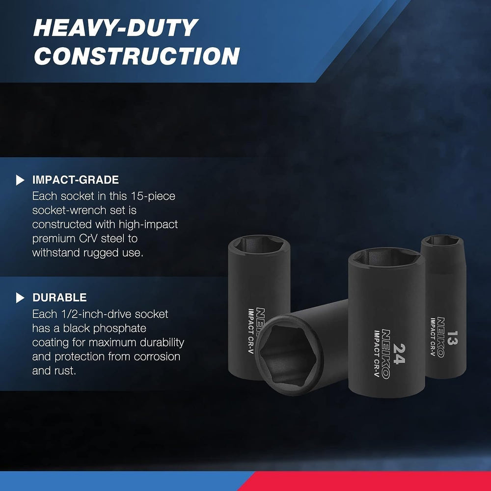02474A 1/2 Impact Socket Set, 15 Piece Metric Socket Set 10-24 mm, Deep Sockets, 6 Point, 1/2” Drive Sockets for 1/2 Impact Wrench, Chrome Vanadium Cr-V