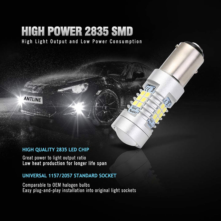 ANTLINE Extremely Bright 1157 1157A 2057 2357 7528 2057A BAY15D 21-SMD 2835 Chipsets 1260 Lumens LED Bulb Replacement White for Car Backup Reverse Brake Tail Turn Signal Lights Bulbs DRL (Pack of 4)
