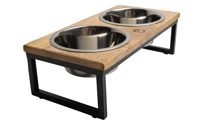 Mango Wood Dog Bowl Stand - Elevated Pet Feeder with 2 Stainless Steel Bowls - Raised Food and Water Dish Set for Dogs and Cats, Available in 4 Sizes, Pet Dining Station, Large/48oz