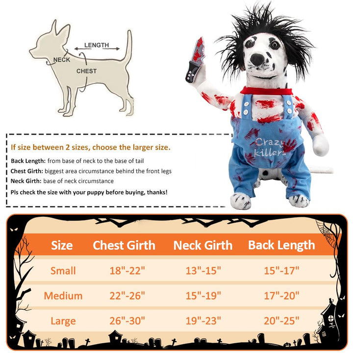 Deadly Dog Clothes Dog Halloween Costume Pet Deadly Dog Costume, Adjustable Dog Cosplay Costume Funny Doll Wig Pug Dog Party Clothes Christmas Dog Deadly Costume with Blood Knife Medium