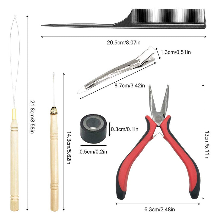 Hair Extension Kit, Pliers Pulling Hook Bead Device Tool Kit 200 Pcs Black Silicone Lined Micro Rings Beads 2 Pcs Combs 5 Pcs Silver Metal Alligator Hair Pins for Hair Styling Tools Accessory