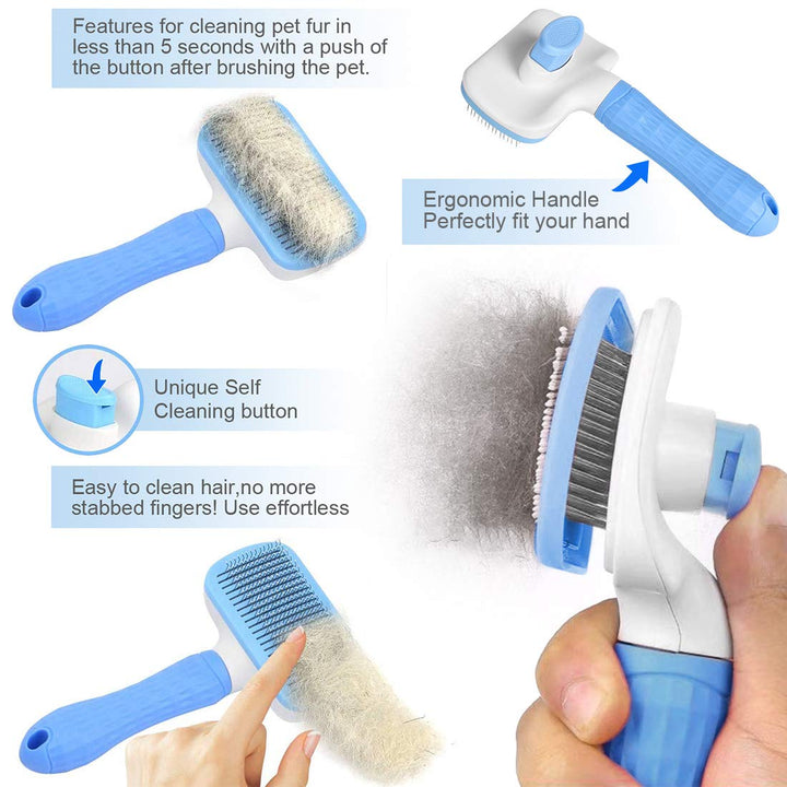 Self Cleaning Slicker Brush,Dog Brush & Cat Brush with Massage Particles,Removes Loose hair & Tangles,Skin Friendly & Promote Circulation-Blue 1