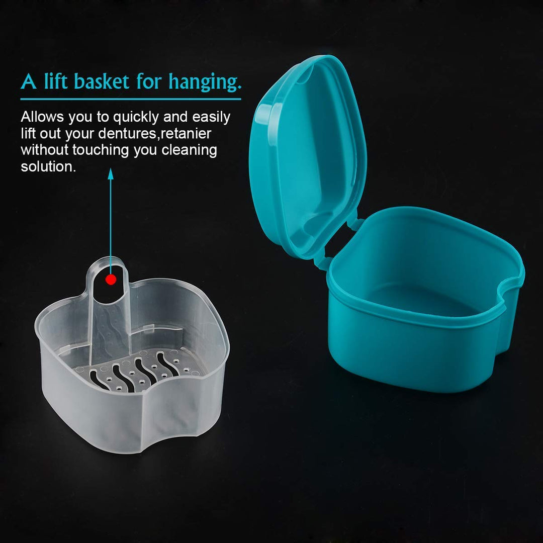 Blue: Denture Case, Denture Cup with Strainer, Denture Bath Box False Teeth Storage Box with Basket Net Container Holder for Travel, Retainer Cleaning (Blue) (Blue)