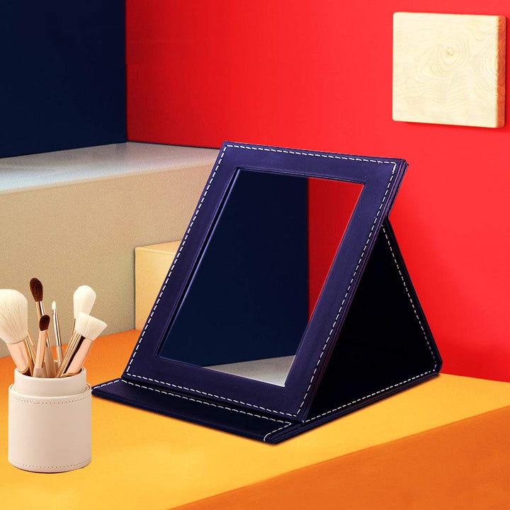 Desk Mirror PU Leather Portable Folding Desktop Makeup Vanity Mirror with Adjustable Stand for Office Travel