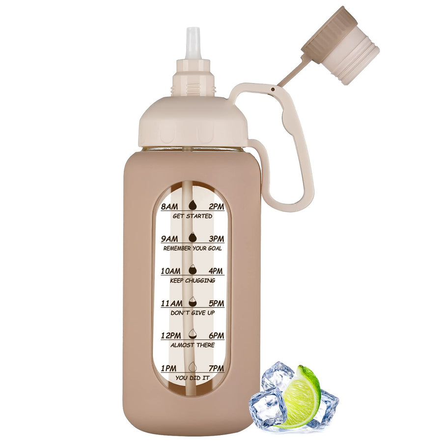 56oz Glass Water Bottle with Straw, Motivational Water Bottle with Silicone Sleeves and Handle,Leakproof BPA Free Wide Mouth Water Jug for Gym,Working,Outdoor,Amber