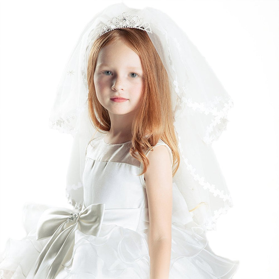 Frcolor Girl's 2 Layers Veils Ivory Lace Flower Veil Hair Accessory with Tiara Crown for Party