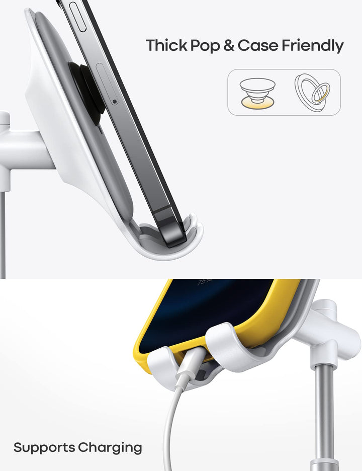Cell Phone Stand, Desk Phone Holder Height Angle Adjustable Mobile Phone Stand, Cradle, Dock for Desktop, Office, Compatible with All 4-10 Smartphones, Tablets - White