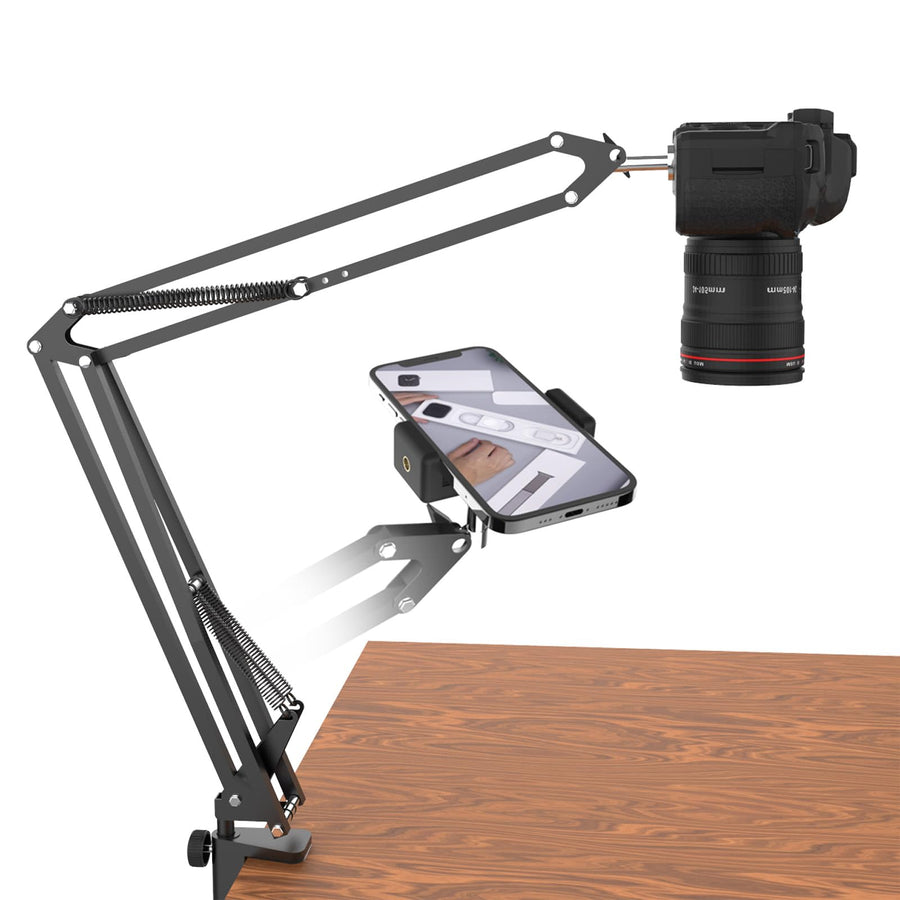 Overhead Tripod For DSLR Cameras, Heavy Duty Camera Desk Mount Stand with Flexible Articulating Boom Arm, Camera Holder Table Clamp for Canon Nikon Sony Fuji SLR Mirrorless Cam Video Photography