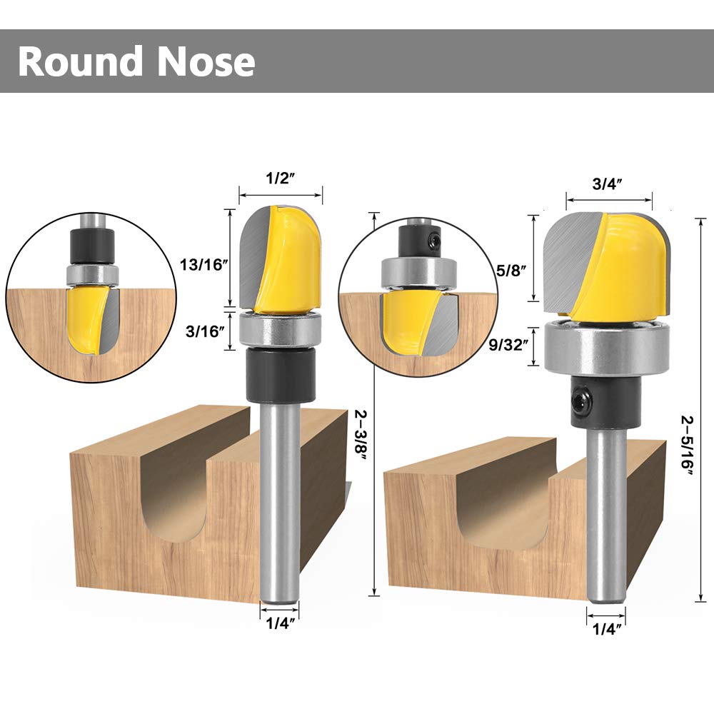 Yakamoz 6Pcs Assorted Edge 1/4 Inch Shank Treatment Grooving Router Bit Set with Bearings Hinge Mortising Flush Trim, Bowl and Tray & V Groove Template Router Bits Cutter Woodworking Tool Kit