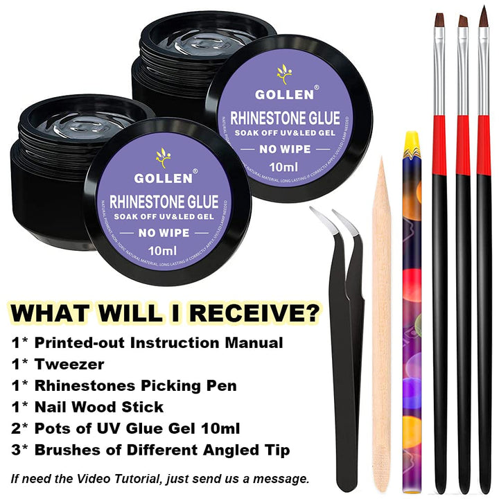 Rhinestones Glue for Nails, 10ml x2 Nail Glue for Stones and Gems Long Lasting Adhesive Super Strong Jewlery Nail Art Glue 3Pcs Nail Brushes, Wax Pencils, Stick& Picking Tweezers (UV/LED Cure Needed)