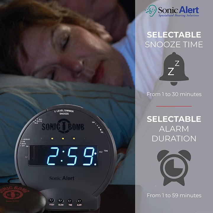 Sonic Bomb Dual Alarm Clock with Bed Shaker, Black Vibrating Alarm Clock Heavy Sleepers, Battery Backup | Wake with a Shake