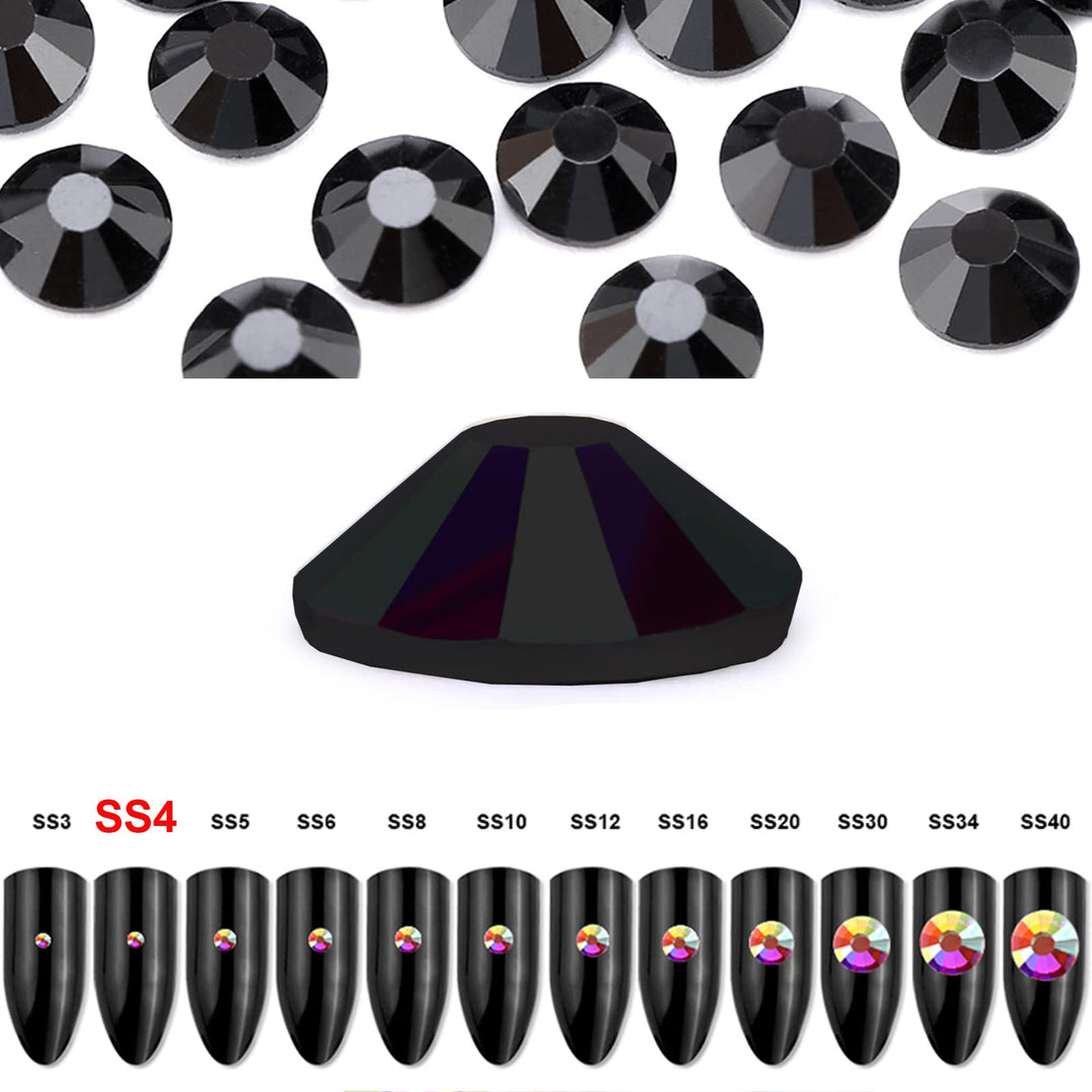 1440 Pieces SS4 Flatback Rhinestones, 1.5MM Flatback Crystal Rhinestones for Craft Nails Dance Costumes, Non Hotfix Rhinestones, Jet Black