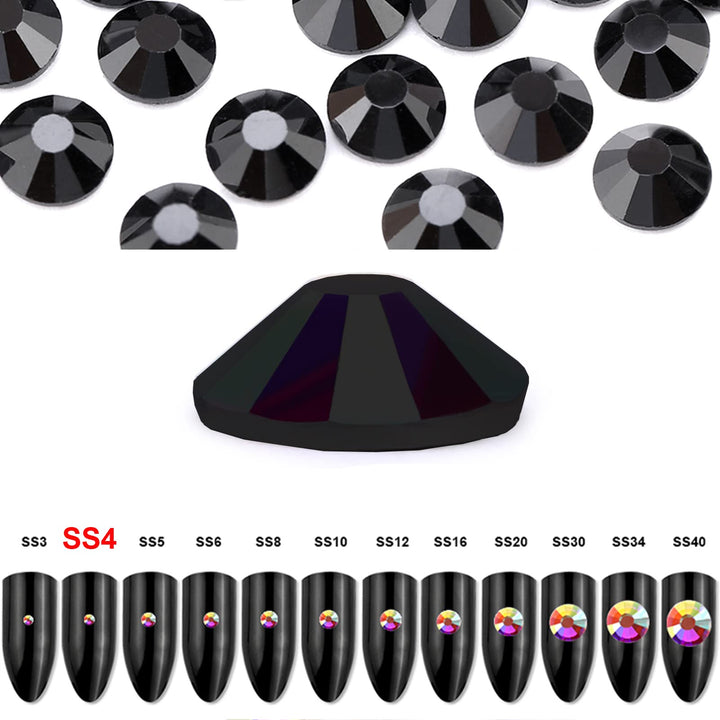 1440 Pieces SS4 Flatback Rhinestones, 1.5MM Flatback Crystal Rhinestones for Craft Nails Dance Costumes, Non Hotfix Rhinestones, Jet Black