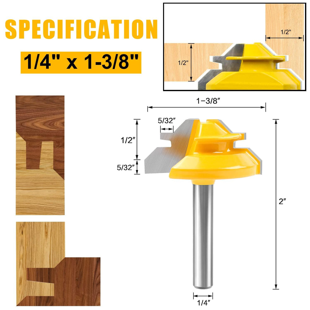 45 Degree Lock Miter Router Bit 1/4 Shank, 1/2 Stock Joint Woodworking Router Bit, Suitable for Furniture Oblique Tenon Interface Making (90-Degree Tenon Joint Woodworking)