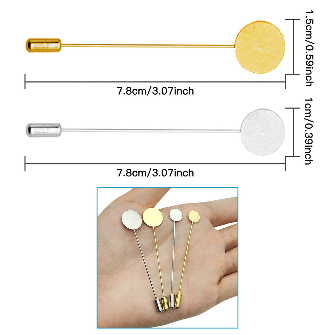 60Pcs Flat Round Tray Lapel Pin, 2 Sizes Stainless Steel Safety Stick Pins Round Blank Tray Brooch Pins Needle Suit Tie Hat Pin Scarf Badge for DIY Costume Jewelry Making Accessories(Gold,Silver)