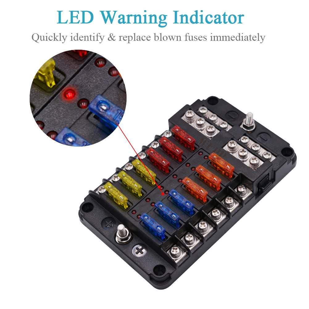 Boat Marine Fuse Block Panel with LED Warning Indicator Damp-Proof Cover - 12 Circuits with Negative Bus Fuse Box Holder Screw for Car Marine RV Truck DC 12-24V, Fuses Included