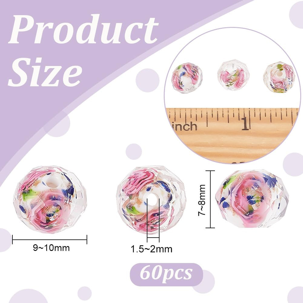 60pcs 9~10mm Rose Lampwork Beads Gold Sand Glass Beads Handmade Flower Glass Beads Round Loose Beads for Rosary Making Jewelry Craft Making with 1.5~2mm Hole - White