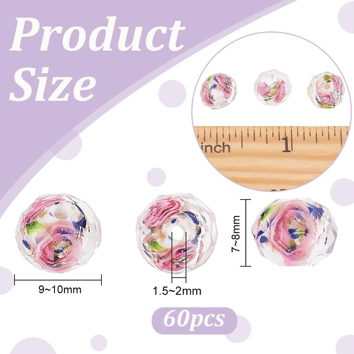 60pcs 9~10mm Rose Lampwork Beads Gold Sand Glass Beads Handmade Flower Glass Beads Round Loose Beads for Rosary Making Jewelry Craft Making with 1.5~2mm Hole - White