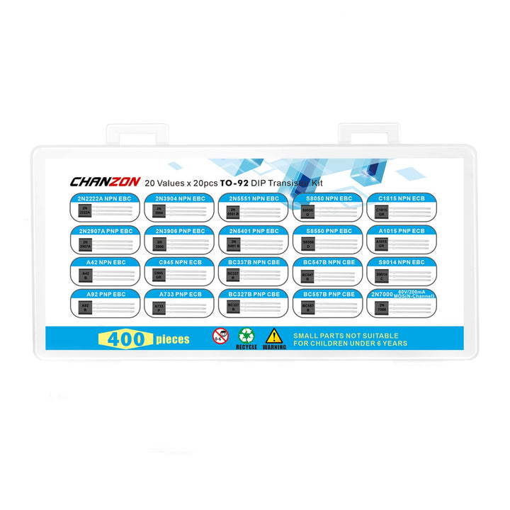 Chanzon 20 Values 400pcs TO92 Transistor Kit, NPN PNP Bipolar Power Transistors Assortment Kit (400pcs 20 Models Each 20 pcs)