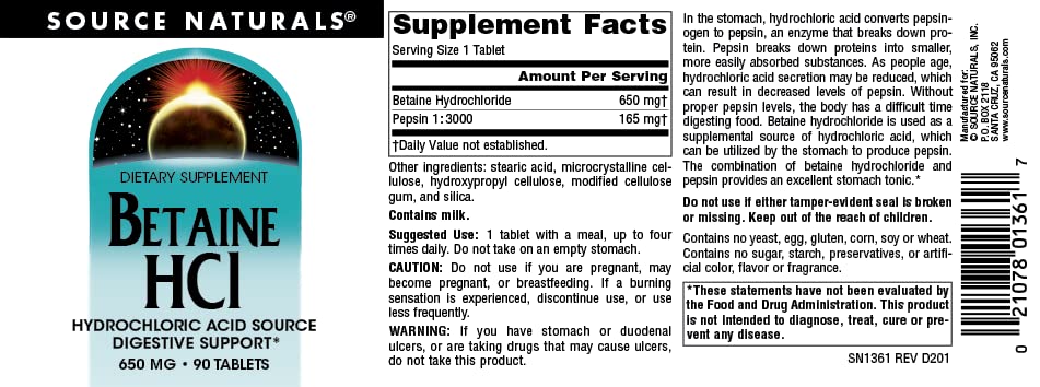 Betaine HCL 650mg, Inc. 90 Tabs