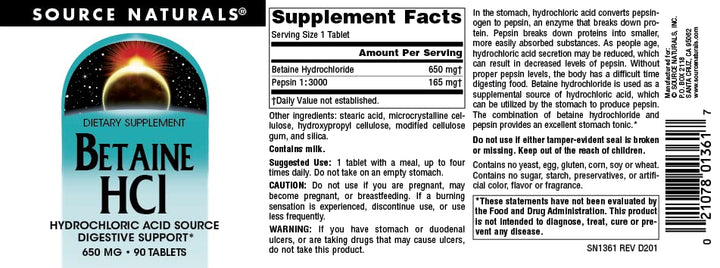 Betaine HCL 650mg, Inc. 90 Tabs