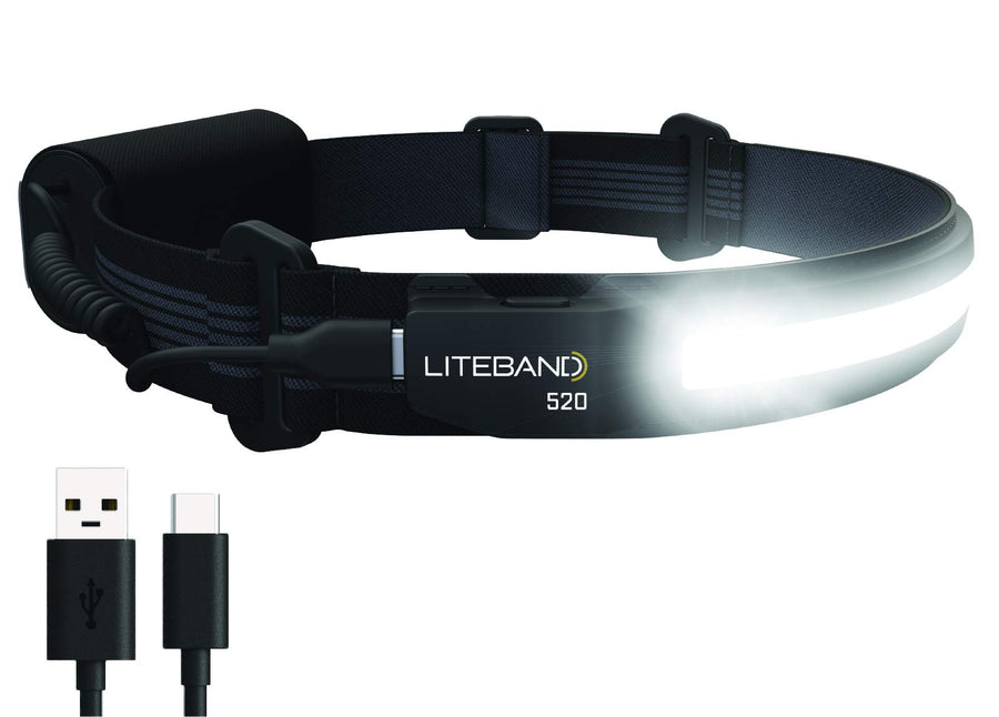 Liteband ACTIV 520 Wide-Beam LED Headlamp, 210° Illumination, 520 Lumens, Lightweight, Rechargeable, USB-C, Red LED Mode, Camping, Running, Hiking, Fits Hard Hats, Night