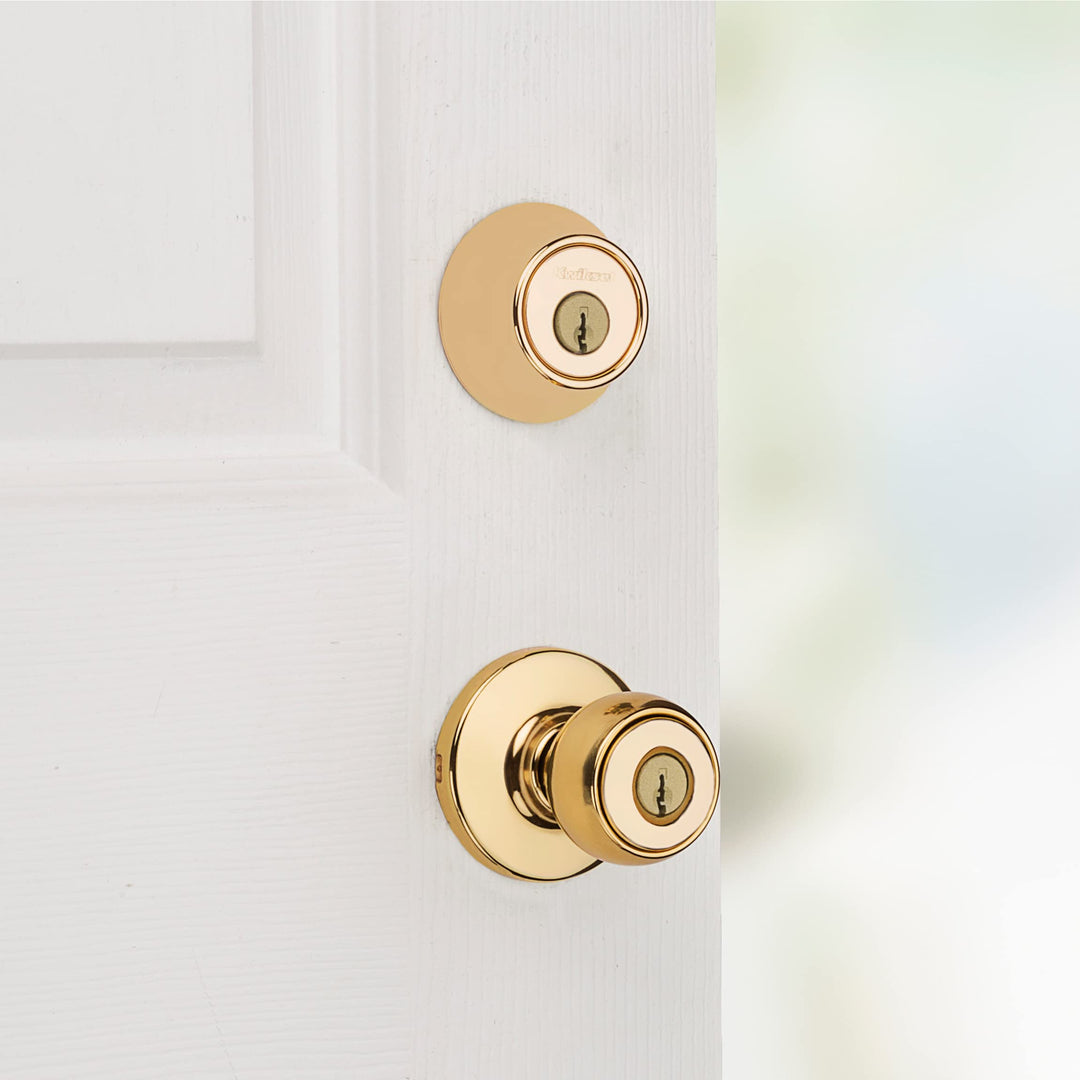 690 Polo Entry Knob and Single Cylinder Deadbolt Combo Pack in Polished Brass