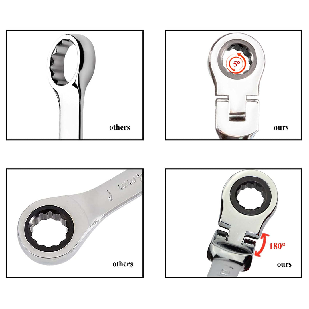 12pcs Flex Head Ratcheting Wrench Set- 8-19mm Metric Ratchet Combination Wrenches CrV Gear Spanner Set