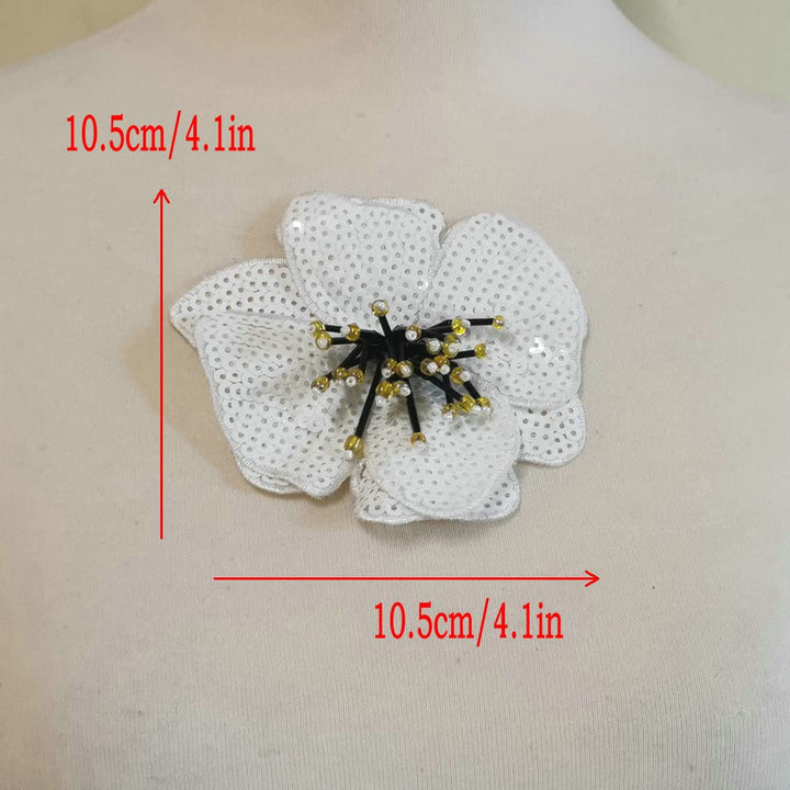 2 pcs Sequins Patch DIY Flower Beaded Patches for Clothes Sew On Paillette Embroidered Patch Motif Applique (White)