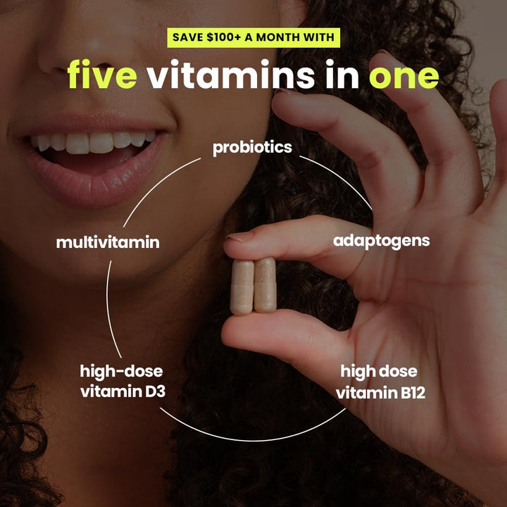 Daily Essentials Multivitamin for nated Women - High-Dose Vitamin D3 and B12, Probiotics, Lion's Mane, Ceylon Cinnamon - Vegan, Gluten Free, Non-GMO, 30 Day Supply (60 Capsules)