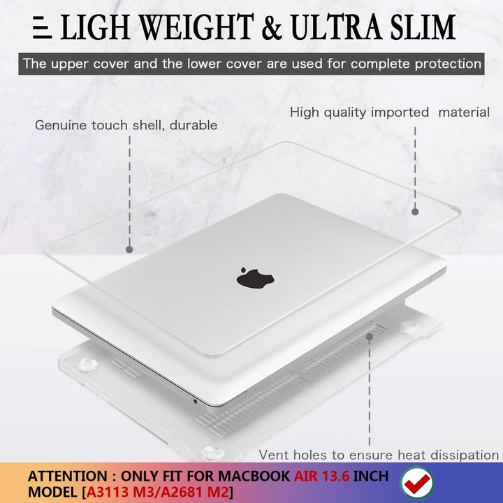 for MacBook Air 13.6 Inch Case Clear M3 A3113 2024 M2 A2681 2022 Release, Transparent Hard Shell Case Protective Cover with Keyboard Cover for MacBook Air M3 2024 13.6 with Touch ID - Clear