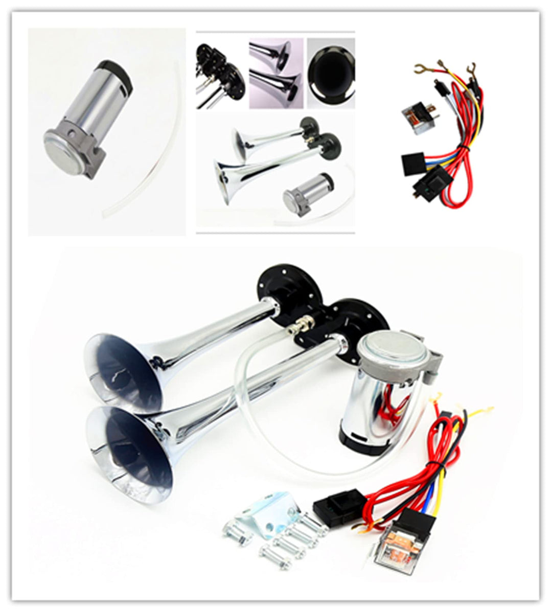 Air Horn Car Horn 12V 150db Truck Horn Chrome Zinc Dual Trumpet Air Horn with Compressor Loudspeaker Silver Super Loud Horn for Any 12V Vehicles Trucks Lorrys Trains Boats Cars Vans ect