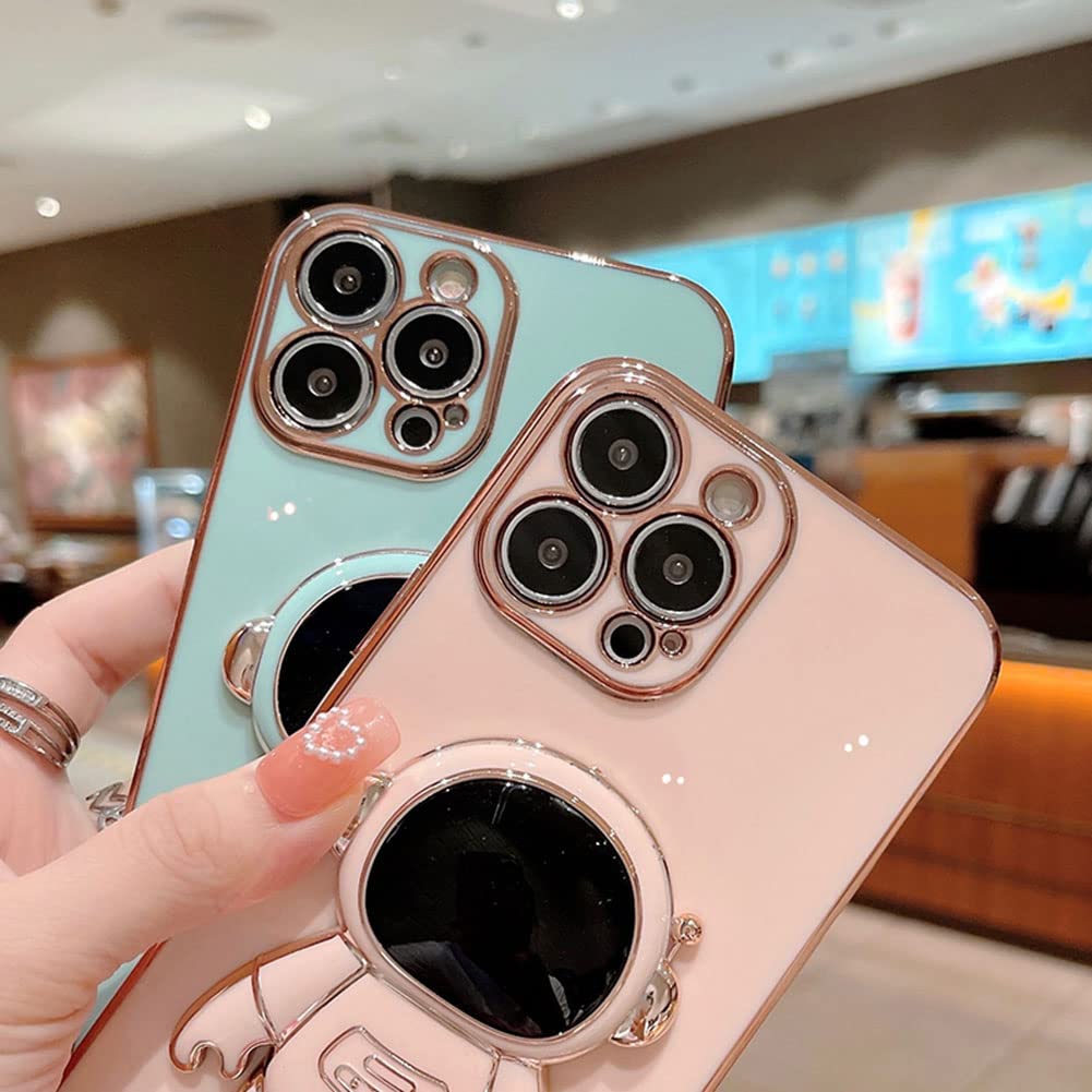6D Plating Astronaut Hidden Stand Case Cover for iPhone 13 Pro Max Women Astronaut Folding Bracket Kickstand iPhone Case with Camera Protector Soft TPU Shockproof Bumper 6.7 Inch - Pink