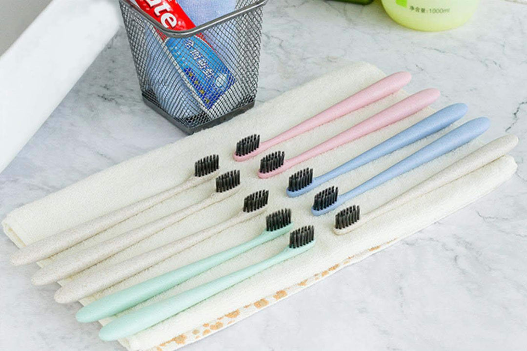 10Pcs Family Pack Eco-Friendly Small Head Wheat Straw Toothbrush, Bamboo Charcoal Soft Bristles Toothbrush for Kids and Adults, Toothbrushes for Sensitive Gums and Teeth, Travel Carry